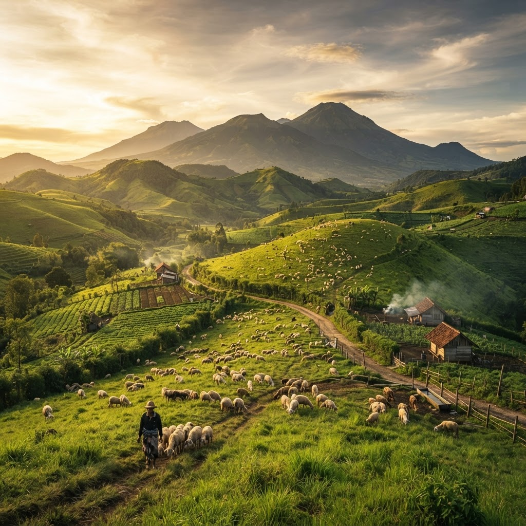 Padang rumput hijau dengan domba saat golden hour