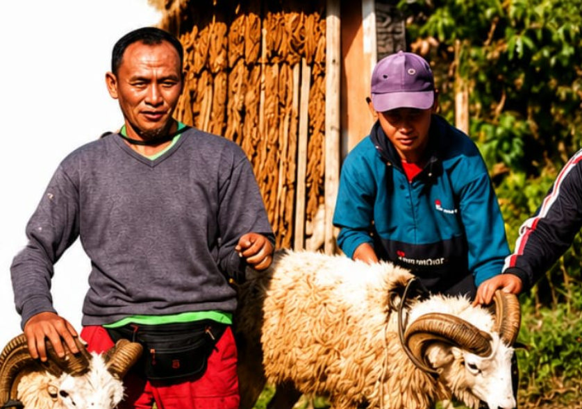 Dua peternak mitra bersama domba Garut bertanduk di lingkungan peternakan pedesaan