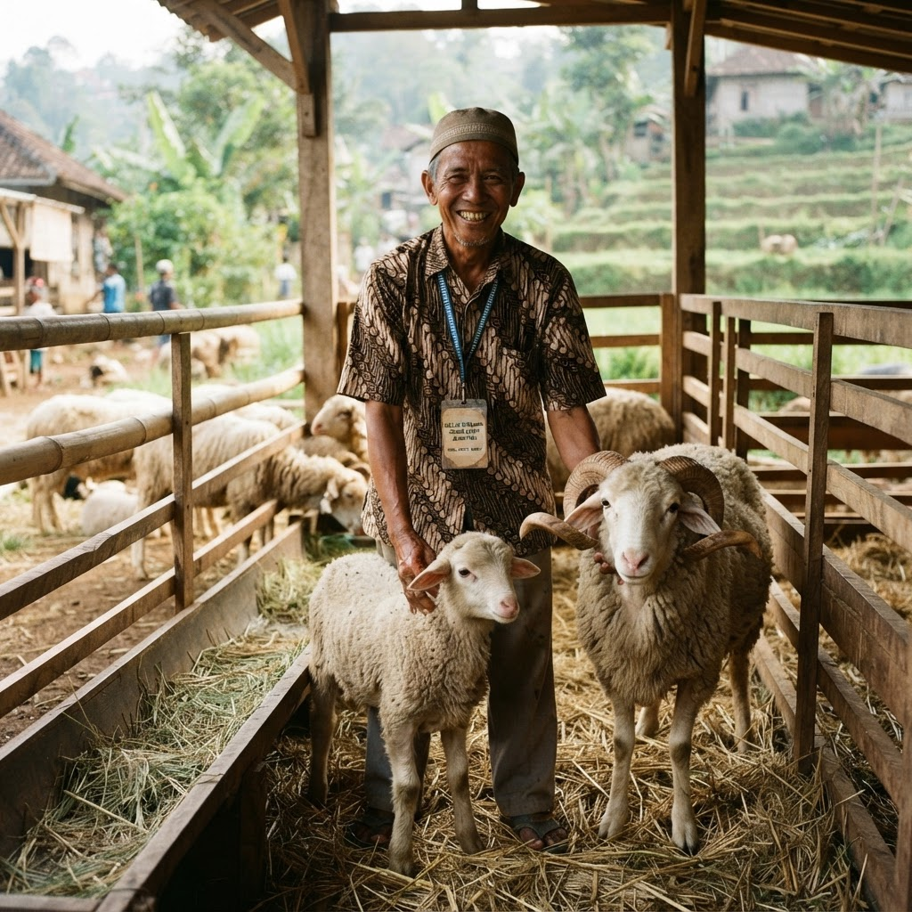Peternak desa tersenyum bersama domba Garut yang sehat